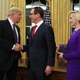 Steven Mnuchin (second from left) shakes hands with President Donald Trump as Mnuchin’s then fiancee, Louise Linton, looks on at the White House Feb. 13, 2017. (Alex Wong/Getty Images)